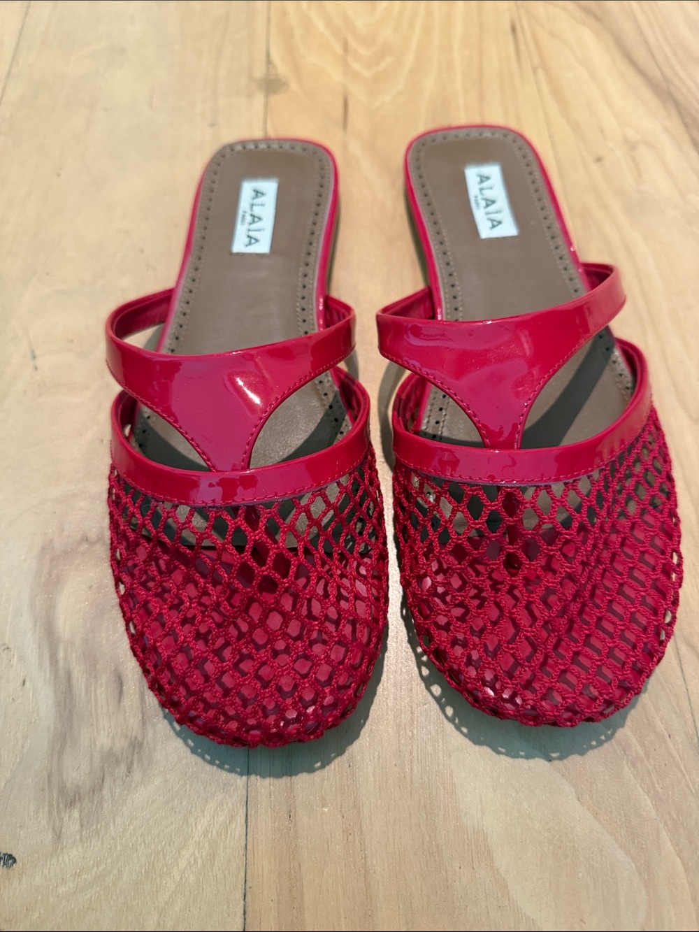 ALAIA patent leather red fishnet mules size 40/9.5